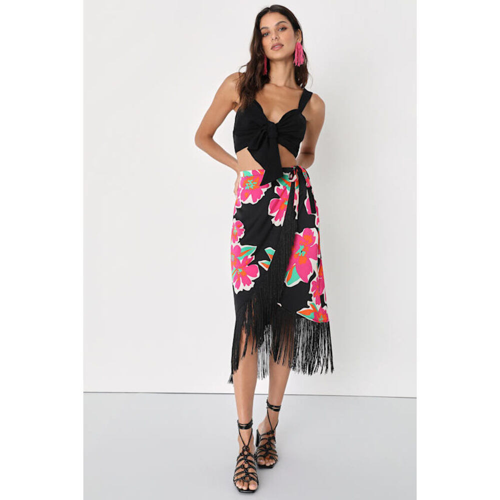 Lulus Memorable Vibes Black Floral Print Satin Fringe Midi Wrap Skirt - Size M
